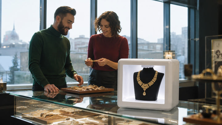 Jewelers photographing a stack of gold rings and bracelets in a GemLightbox Max for an online store
