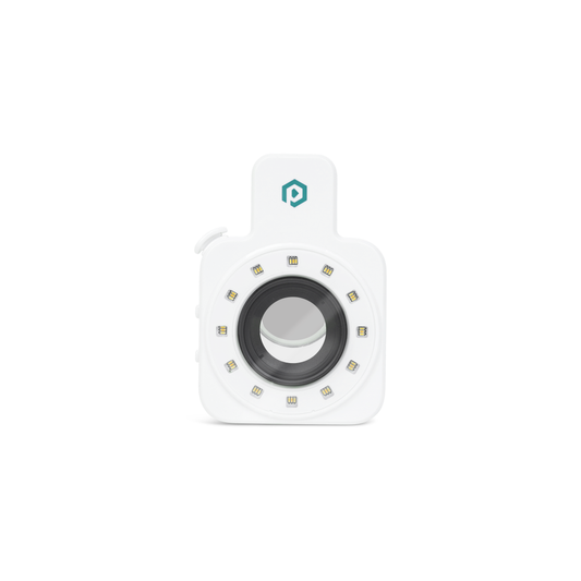 GemSparkle smartphone jewelry photography light with LED ring and macro lens, front view on white background
